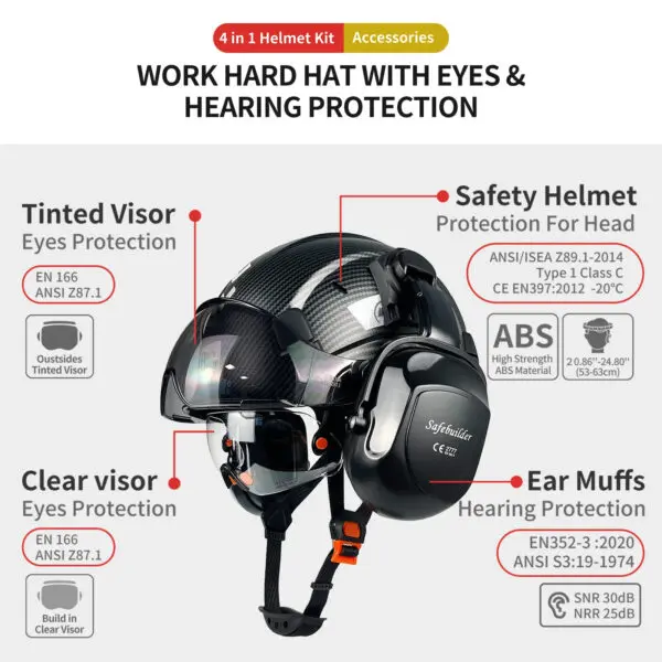 CE Carbon Fiber Pattern Safety Helmet With Build in Visor Earmuff and Reflective Stickers For Engineer ABS Construction Hard Hat - Image 4