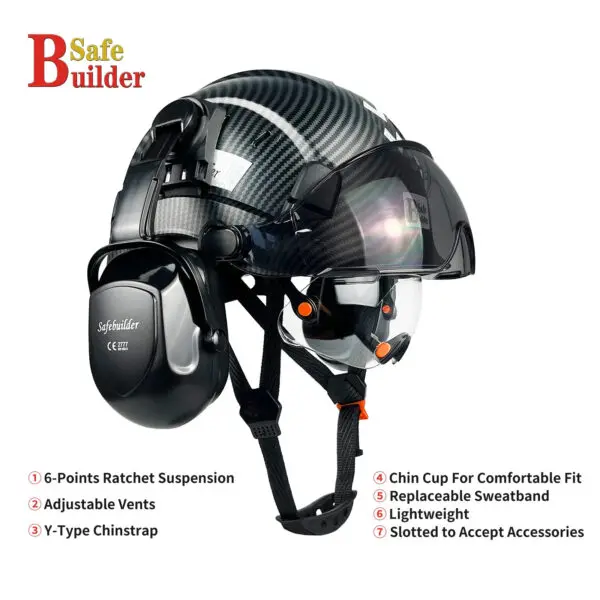 CE Carbon Fiber Pattern Safety Helmet With Build in Visor Earmuff and Reflective Stickers For Engineer ABS Construction Hard Hat - Image 5