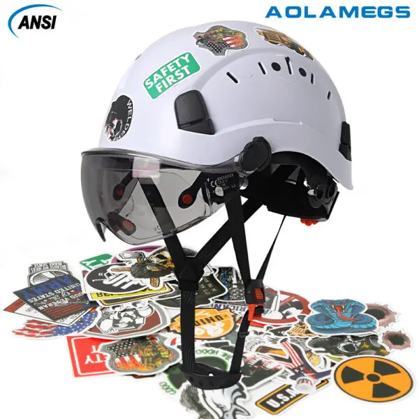 Construction Safety Helmet with Visor Built In Goggles Cartoon Stickers ABS Hard Hat ANSI Industrial Work CE Engineer Work Cap