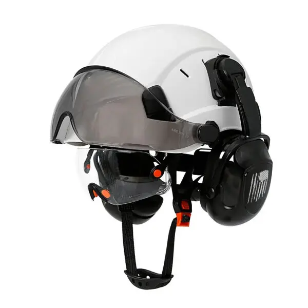 Material: high quality ABSLining: fabric liningColor: WhiteFluorescent greenChinstrip: Y-shaped cap strapinner: 6-point fabricApplicable environment: construction/factory/outdoor/rescue/ridingHat head size: 52-63cmHelmet MeetsEU standard:CE EN397:2012+A1:2012Goggles meets EU standard:CE EN166