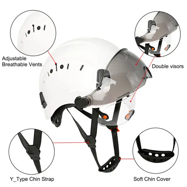 Material: high quality ABSLining: fabric liningColor: WhiteFluorescent greenChinstrip: Y-shaped cap strapinner: 6-point fabricApplicable environment: construction/factory/outdoor/rescue/ridingHat head size: 52-63cmHelmet MeetsEU standard:CE EN397:2012+A1:2012Goggles meets EU standard:CE EN166 - Image 2