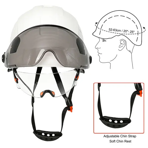 Material: high quality ABSLining: fabric liningColor: WhiteFluorescent greenChinstrip: Y-shaped cap strapinner: 6-point fabricApplicable environment: construction/factory/outdoor/rescue/ridingHat head size: 52-63cmHelmet MeetsEU standard:CE EN397:2012+A1:2012Goggles meets EU standard:CE EN166 - Image 3