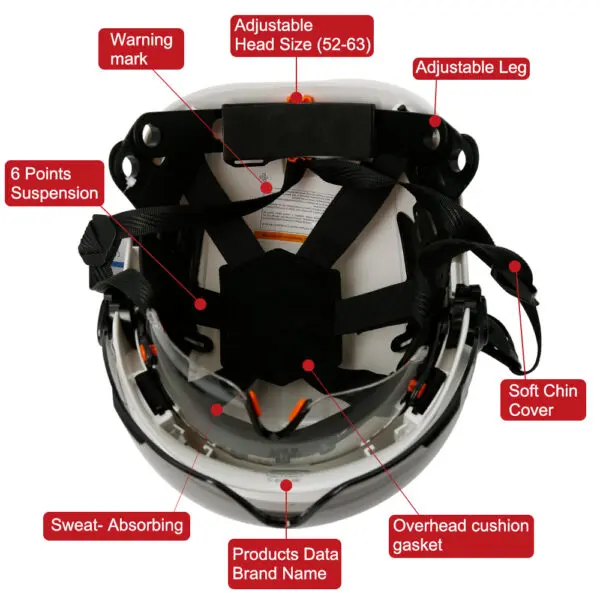 Material: high quality ABSLining: fabric liningColor: WhiteFluorescent greenChinstrip: Y-shaped cap strapinner: 6-point fabricApplicable environment: construction/factory/outdoor/rescue/ridingHat head size: 52-63cmHelmet MeetsEU standard:CE EN397:2012+A1:2012Goggles meets EU standard:CE EN166 - Image 4