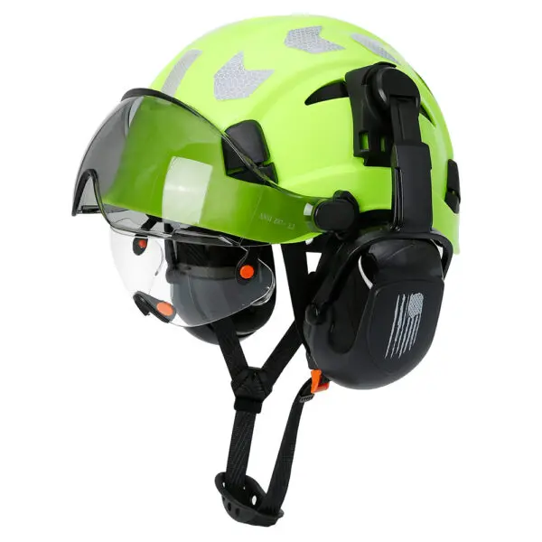 Material: high quality ABSLining: fabric liningColor: WhiteFluorescent greenChinstrip: Y-shaped cap strapinner: 6-point fabricApplicable environment: construction/factory/outdoor/rescue/ridingHat head size: 52-63cmHelmet MeetsEU standard:CE EN397:2012+A1:2012Goggles meets EU standard:CE EN166 - Image 13