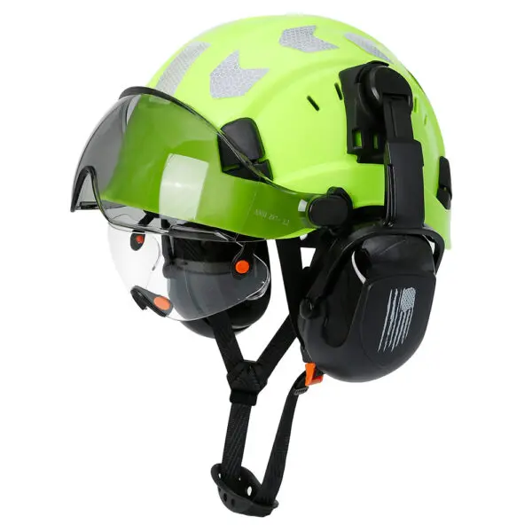 Material: high quality ABSLining: fabric liningColor: WhiteFluorescent greenChinstrip: Y-shaped cap strapinner: 6-point fabricApplicable environment: construction/factory/outdoor/rescue/ridingHat head size: 52-63cmHelmet MeetsEU standard:CE EN397:2012+A1:2012Goggles meets EU standard:CE EN166 - Image 15