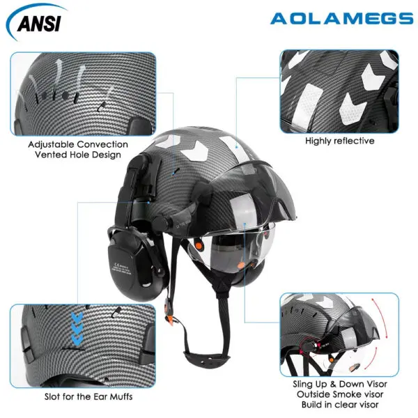 CE Carbon Fiber Pattern Safety Helmet with Double Goggles EarMuffs & Reflective Stickers Construction Protective ABS Hard Hats - Image 3