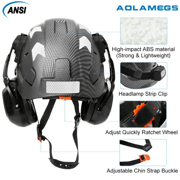 CE Carbon Fiber Pattern Safety Helmet with Double Goggles EarMuffs & Reflective Stickers Construction Protective ABS Hard Hats - Image 4