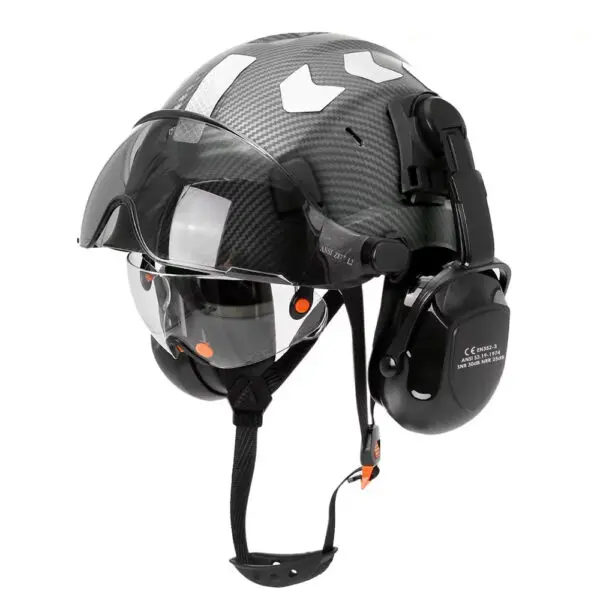 CE Carbon Fiber Pattern Safety Helmet with Double Goggles EarMuffs & Reflective Stickers Construction Protective ABS Hard Hats - Image 7