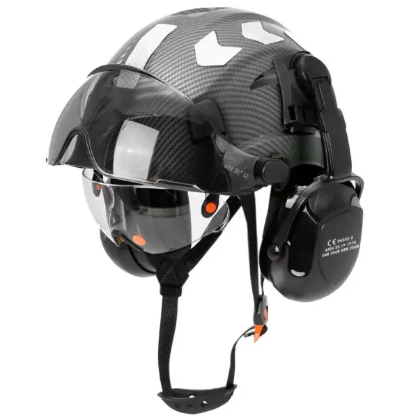 CE Carbon Fiber Pattern Safety Helmet with Double Goggles EarMuffs & Reflective Stickers Construction Protective ABS Hard Hats - Image 8