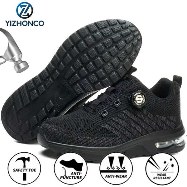 YIZHONCO Summer BOA Work Shoes Men Mesh Upper Steel Toe Flexible Sole Breathable Anti Slip Lightweight Work Safety Shoes Men