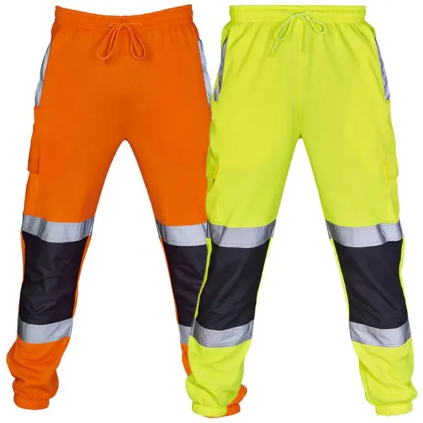 Mens High Visibility Work Cargo Pants Drawstring Casual Pockets Safe Reflective Construction Elastic Waist Trousers - Image 2