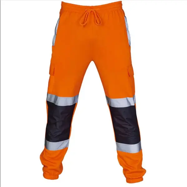 Mens High Visibility Work Cargo Pants Drawstring Casual Pockets Safe Reflective Construction Elastic Waist Trousers - Image 9