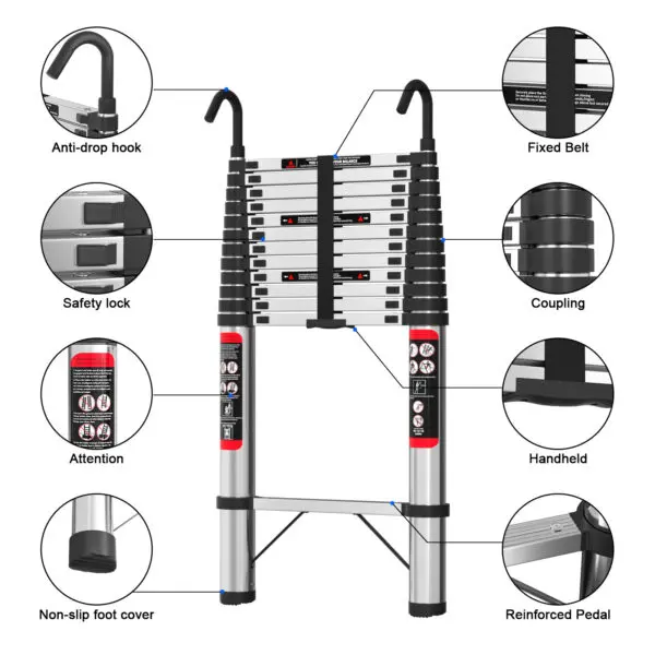 5m Telescopic Ladder Stainless Steel Convenient Extendable ,For Pulling Walls, Changing Light Bulbs,Repairing Roofs,RV - Image 2