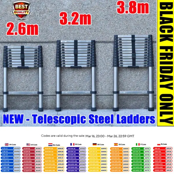 Ladders Extendable Telescopic 2.6M-5M Heavy Duty Multi Purpose Straight Loft Ladder Portable Folding Stainless Steel Ladder Tool