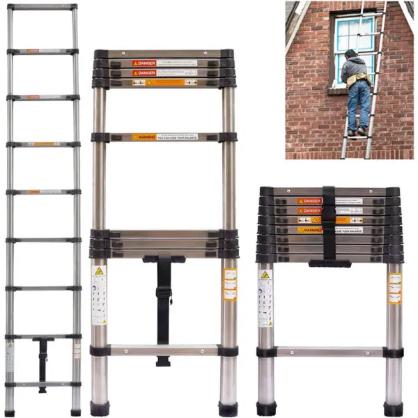 Ladders Extendable Telescopic 2.6M-5M Heavy Duty Multi Purpose Straight Loft Ladder Portable Folding Stainless Steel Ladder Tool - Image 3