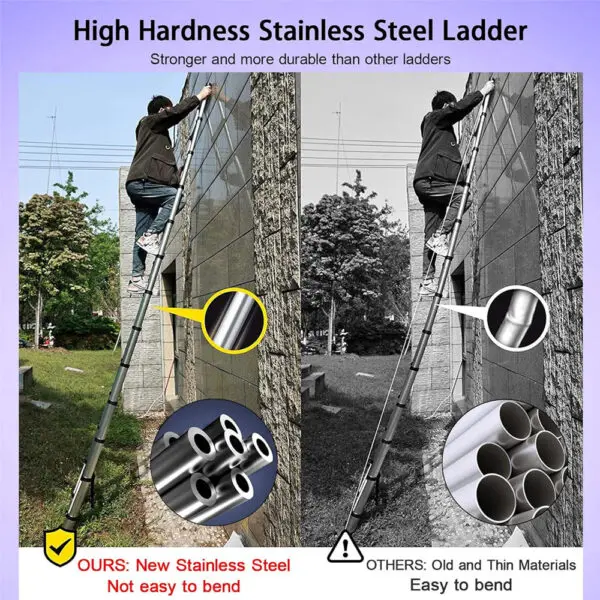 Ladders Extendable Telescopic 2.6M-5M Heavy Duty Multi Purpose Straight Loft Ladder Portable Folding Stainless Steel Ladder Tool - Image 4