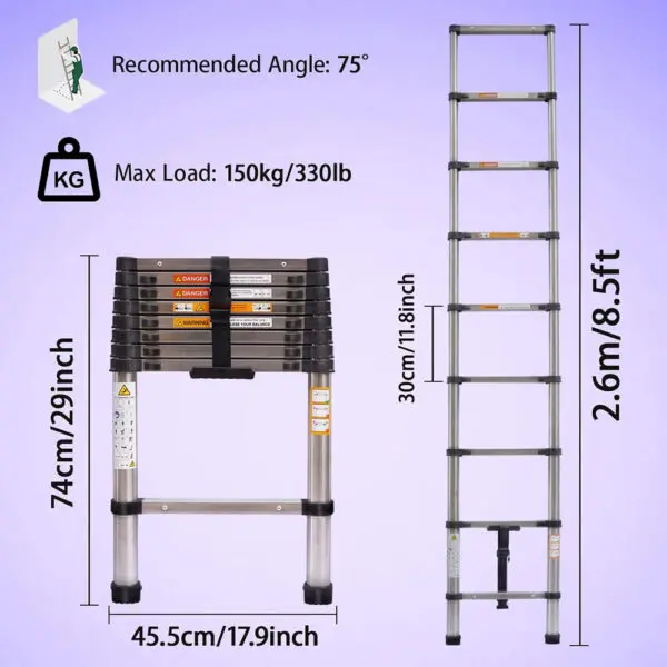 Ladders Extendable Telescopic 2.6M-5M Heavy Duty Multi Purpose Straight Loft Ladder Portable Folding Stainless Steel Ladder Tool - Image 8