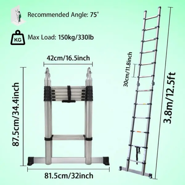 Ladders Extendable Telescopic 2.6M-5M Heavy Duty Multi Purpose Straight Loft Ladder Portable Folding Stainless Steel Ladder Tool - Image 12