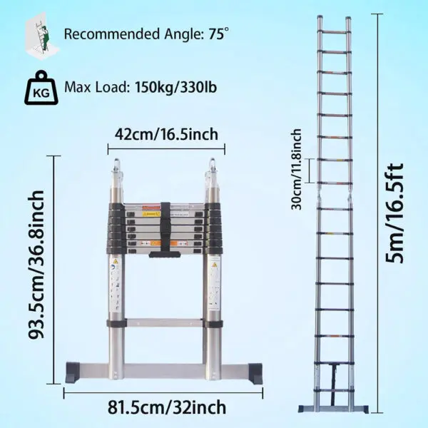 Ladders Extendable Telescopic 2.6M-5M Heavy Duty Multi Purpose Straight Loft Ladder Portable Folding Stainless Steel Ladder Tool - Image 13