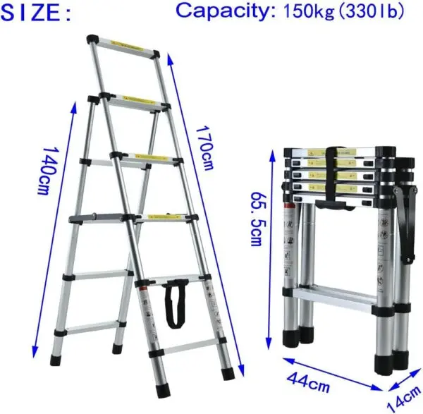 Aluminium Herringbone Ladder Portable Household A-Frame Portable Multi-Purpose Telescopic Ladder, 4+5 Steps(4.6ft + 5.6ft) 150kg - Image 2