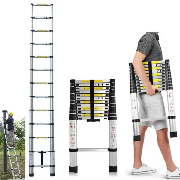 BRIEFNESS EN131 Certified 12.5FT Telescopic Ladder, 3.8M Aluminum Anti-Slip Lightweight Portable Attic Loft Extension Ladder