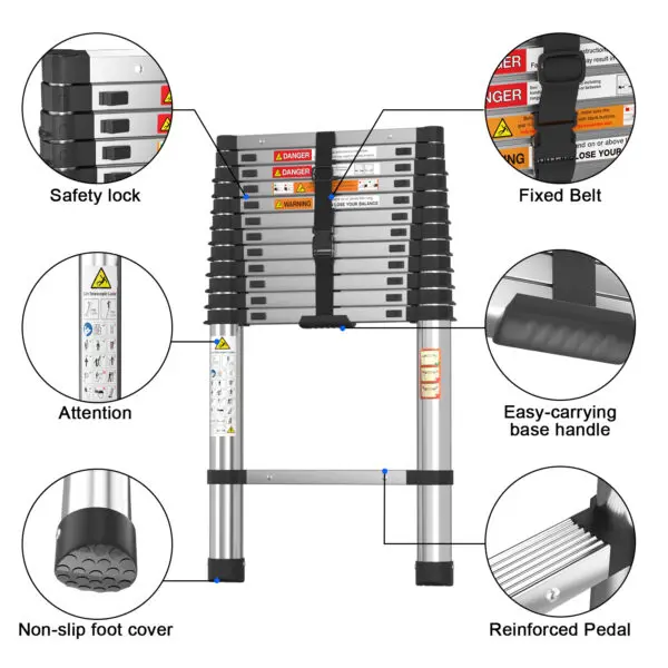 BRIEFNESS EN131 Certified 12.5FT Telescopic Ladder, 3.8M Aluminum Anti-Slip Lightweight Portable Attic Loft Extension Ladder - Image 3