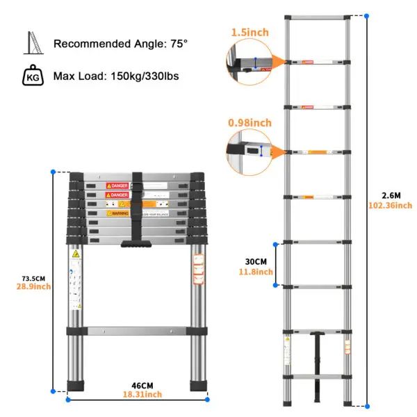 BRIEFNESS EN131 Certified 12.5FT Telescopic Ladder, 3.8M Aluminum Anti-Slip Lightweight Portable Attic Loft Extension Ladder - Image 7