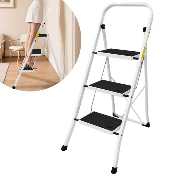 Steel Folding 3 Step Folding with Anti-Slip Pedal Lightweight with Handrails NonSlip Small Stool Ladders For Kitchen Touring car