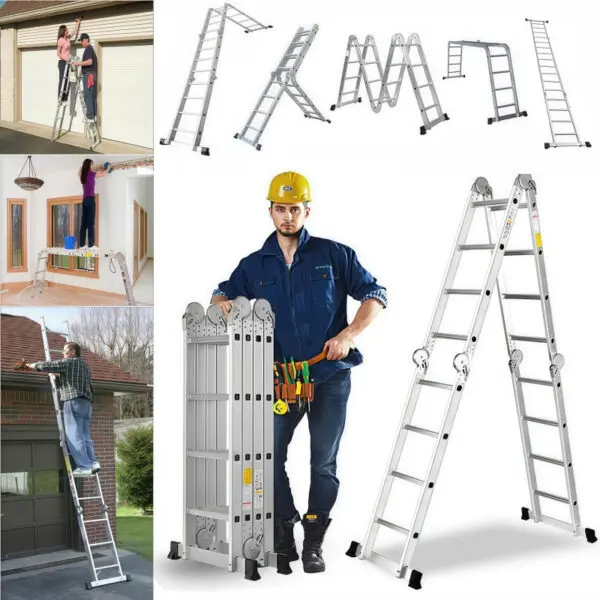 BRIEFNESS 4.7M Folding Aluminum Ladder 14in1 Multifunctional Combo For Home DIY Construction Paint, Clean with Tool Tray