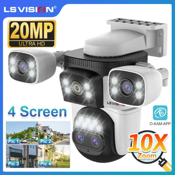 LS VISION 20MP Four Screens WiFi Security Camera Outdoor 10X Optical Zoom Four Lens Human Auto Tracking Waterproof CCTV Cameras