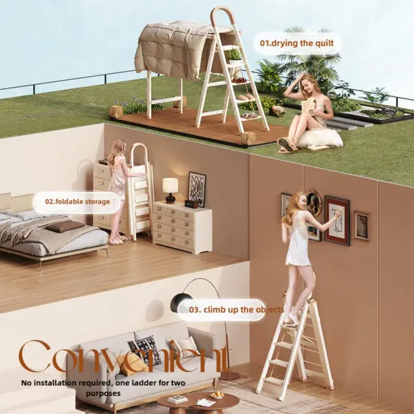 Thickened Aluminum Alloy Ladder for Indoor Household Use, Foldable Multifunctional Balcony, Drying Rack, Dual-use Ladder ladder - Image 2