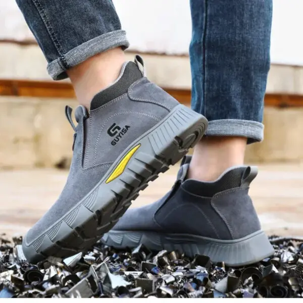 Safety Work Shoes Men's Boots Anti-smash Anti-puncture Steel Head Slip-on Suede Leather Safety The Four Work Seasons Shoes Men - Image 4