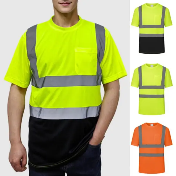 Men Reflective Work Shirt O-Neck Short Sleeve High Visibility T-Shirt with Mesh Panels Safety Shirt Industrial Workwear Clothes