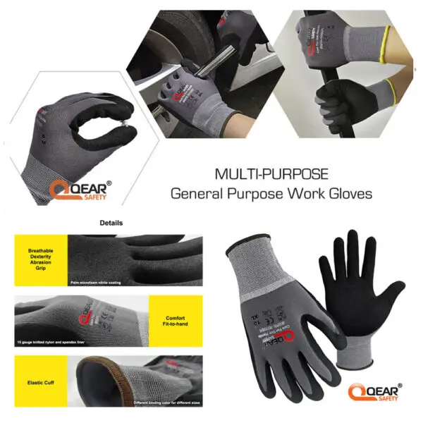QEAR SAFETY General Purpose Micro Sandy Nitrile Rubber Palm Coated Work Gloves, Abrasion, Grip, Breathable Anti-hand-fatigue - Image 2