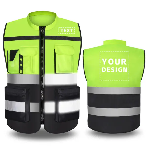 Custom LOGO Two Tone Safety Vests with Pockets and Zipper High Visibility Construction Working Vest Hi Vis Workwear