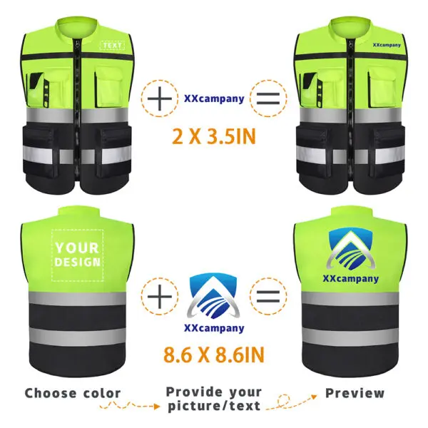 Custom LOGO Two Tone Safety Vests with Pockets and Zipper High Visibility Construction Working Vest Hi Vis Workwear - Image 2