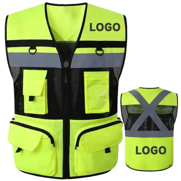 High Visibility Safety Vest Work Clothes with Zipper front Multi-Pocket Traffic Construction Site Safety Clothing