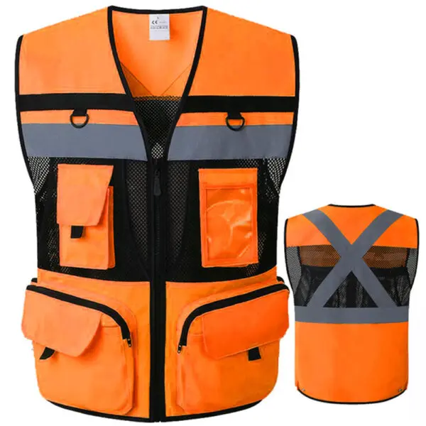 High Visibility Safety Vest Work Clothes with Zipper front Multi-Pocket Traffic Construction Site Safety Clothing - Image 6