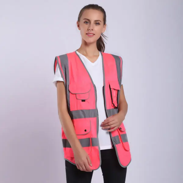 Pink Work Vest For Women Hi Vis Vest With Pockets And Zipper Uniforms - Image 2