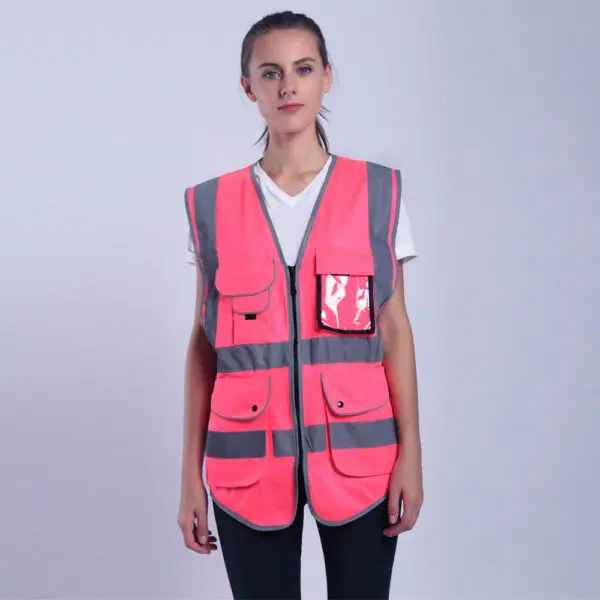 Pink Work Vest For Women Hi Vis Vest With Pockets And Zipper Uniforms - Image 3