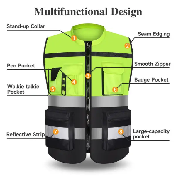 Custom LOGO Two Tone Safety Vests with Pockets and Zipper High Visibility Construction Working Vest Hi Vis Workwear - Image 3