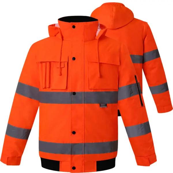 Winter High Visibility Warm Jacket for Men Fluorescent Orange Waterproof Jacket Reflective Bomber Jacket Workwear - Image 3