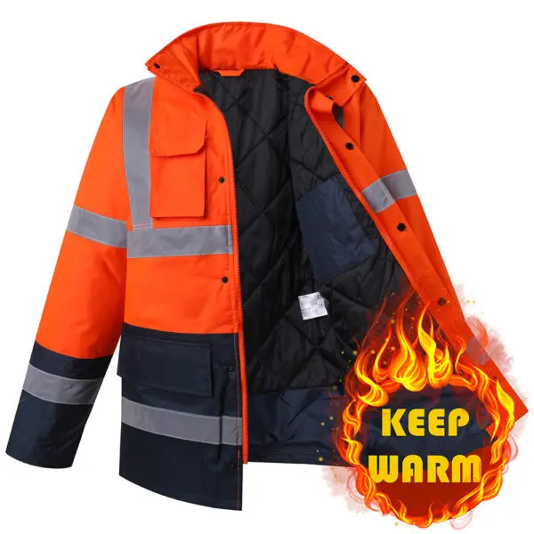 Men Parka Waterproof Thicken Coat Safety Jacket Reflective Hi Vis Workwear Clothes with Zipper Winter Jacket - Image 7