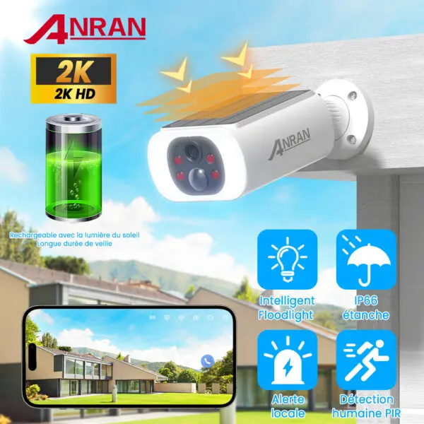 ANRAN 2K Solar Camera Built-in Battery 3MP 2.4G WIFI Security Camera Flood lights Free Basic Cloud Storage Color Night Vision