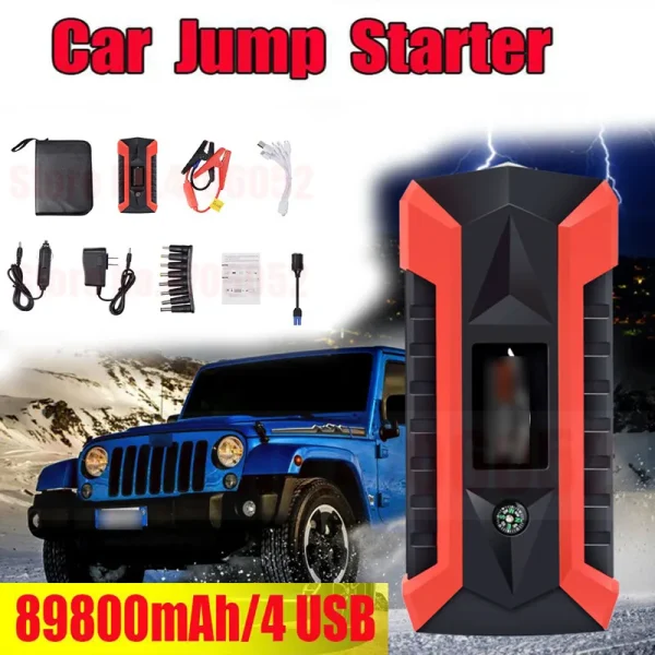 89800mAh 4USB Car Jump Starter Multifunction Emergency Charger Battery Power Bank Pack Booster 12V Starting Device Waterproof