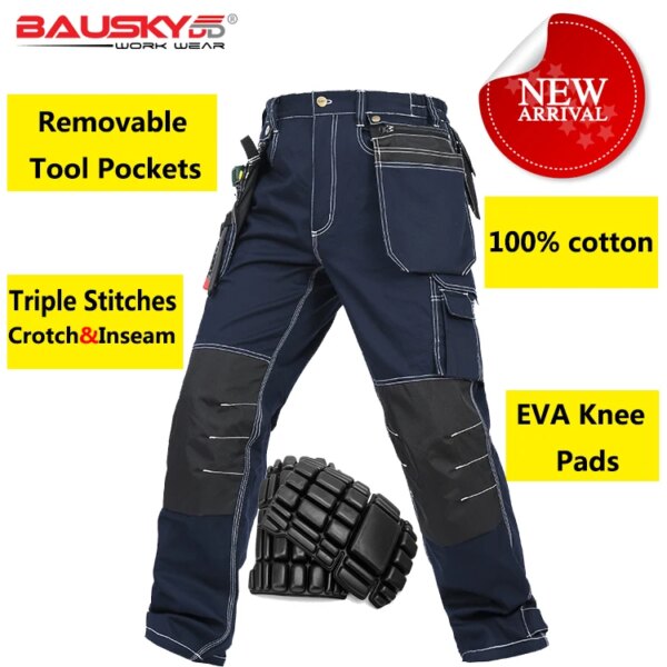 Bauskydd Mens carperner 100% cotton durable multi pockets work trousers with eva  knee pads work pant workwear  free shipping