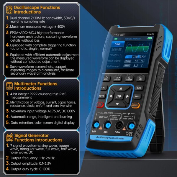 FNIRSI 2C23T Digital Multimeter Handheld Oscilloscope 10MHZ*2+ Function Signal Generator 9999 Count Smart Professional Tester - Image 2