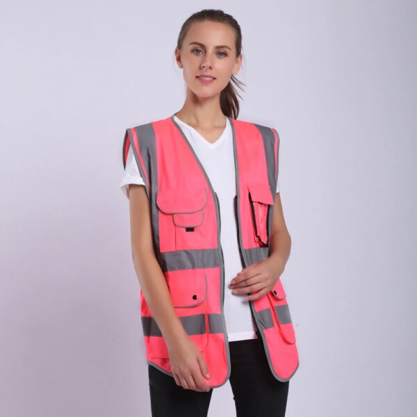 Pink Safety Vest For Women Hi Vis Vest With Reflective Stripes Safety Vest With Pockets And Zipper - Image 2