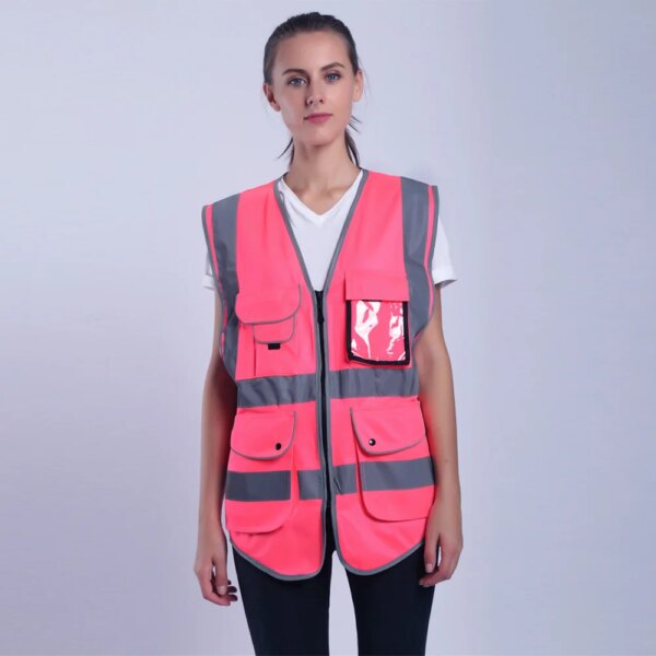 Pink Safety Vest For Women Hi Vis Vest With Reflective Stripes Safety Vest With Pockets And Zipper - Image 3