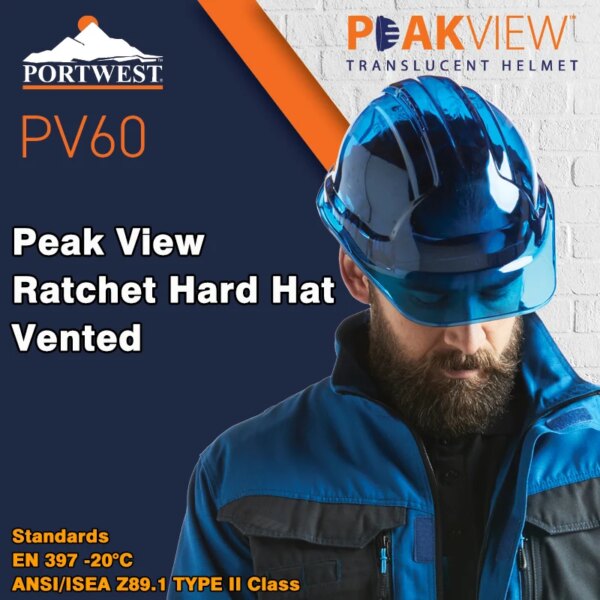 Portwest PV60 Safety Helmet Peak View Vented Ratchet Work Hard Hat in Translucent Hi Vis ANSI CE Adjustable PC Work Cap - Image 3